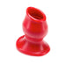 Red hollow silicone plug with a flared base designed for advanced anal stretching and comfort.