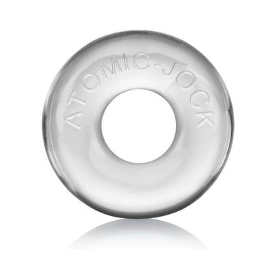 Clear flexible jelly ring with "ATOMIC-JOCK" embossed, shown against white background with reflection.