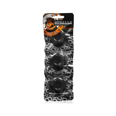 Packaging of Oxballs Ringer 3-pack small black flexible jelly rings for durability and stretch.