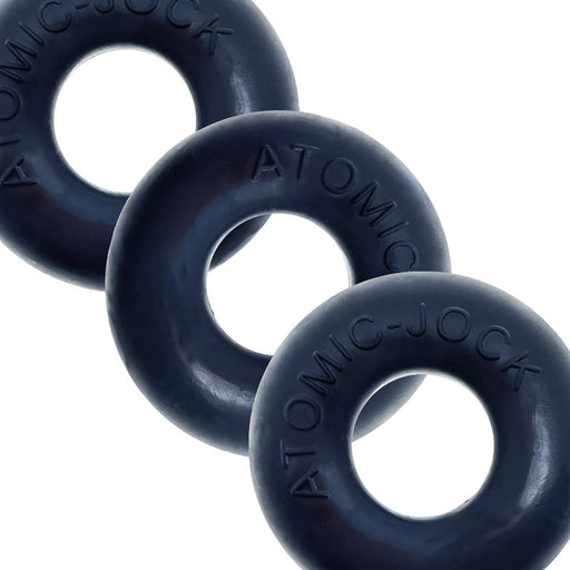 Three black Oxballs Ringer cockrings made from PLUS+silicone, arranged overlapping on a white background.