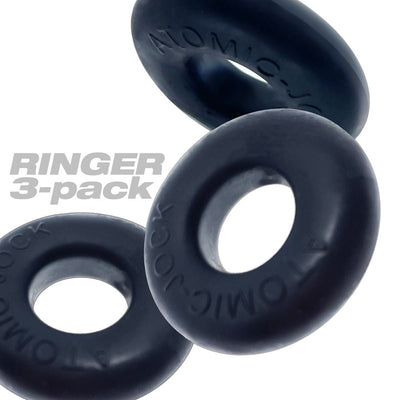 Three black Oxballs Ringer cockrings arranged on a white background with "RINGER 3-pack" text.