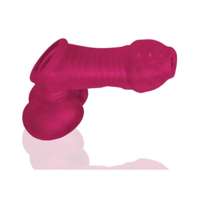 Magenta flexible wearable sheath with textured shaft and dual openings for balls and shaft.