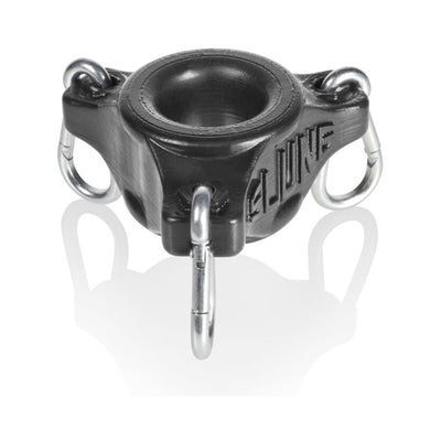 Black silicone ball stretcher with three silver carabiners attached for adjustable weight and comfort.