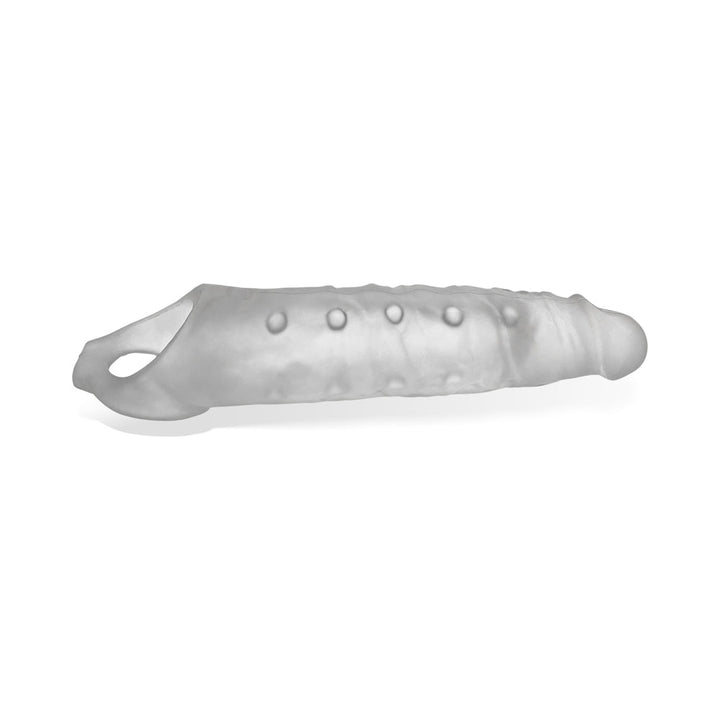 Translucent textured silicone cocksheath with tapered tip and base loop for secure fit.