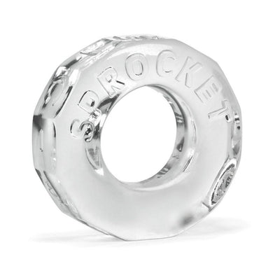Clear soft stretchy cockring with embossed "SPROCKET" text and faceted edges for enhanced comfort and fit.