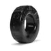 Black soft stretchy cockring with embossed sprocket design and brand name on surface.