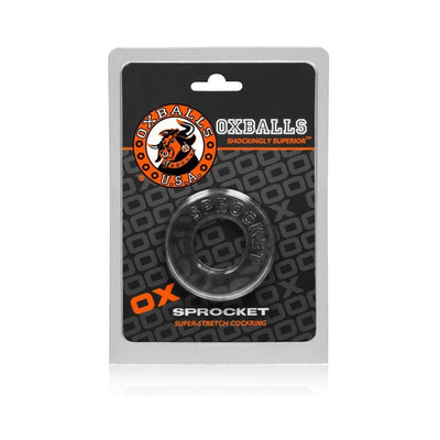 Oxballs Sprocket super-stretchy black cockring in branded packaging with orange and black design.