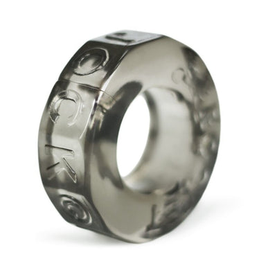 Translucent smoky gray stretchy cockring with embossed lettering and a smooth rounded design.