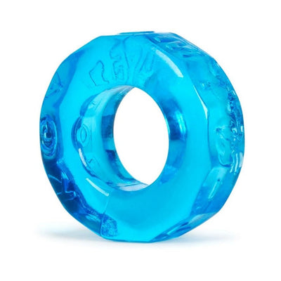 Blue translucent soft stretchy cockring with a textured, gear-like design.