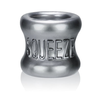Metallic gray flexible ball stretcher with embossed SQUEEZE branding and a contoured shape for comfort.
