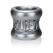 Metallic gray flexible ball stretcher with embossed SQUEEZE branding and a contoured shape for comfort.