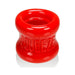 Bright red, thick, flexible ball stretcher with embossed "SQUEEZE" text on the side, designed for comfort and stretch.