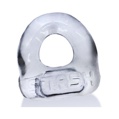 Clear flexible STASH cockring with built-in aluminum capsule for discreet storage.