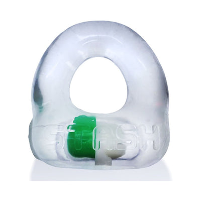 Clear flexible cockring with built-in aluminum capsule for discreet storage, embossed with "STASH" branding.