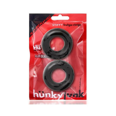 Two black silicone bulge rings in red and black Hunky Junk branded packaging