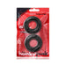Two black silicone bulge rings in red and black Hunky Junk branded packaging