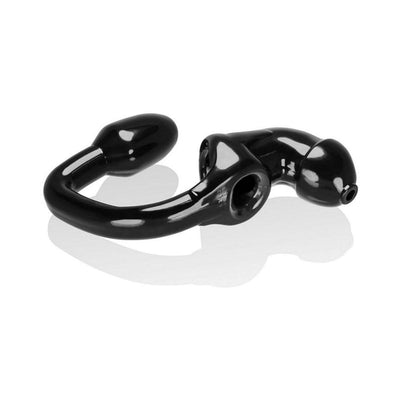 Black flexible combination chastity cock cage and attached curved buttplug with smooth finish.