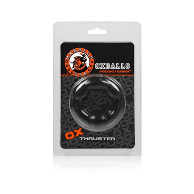 Oxballs Thruster cockring in black flexible material packaged in branded black and orange retail blister pack.