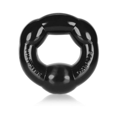 Black flexible Oxballs Thruster cockring with a textured, contoured design and embossed branding.