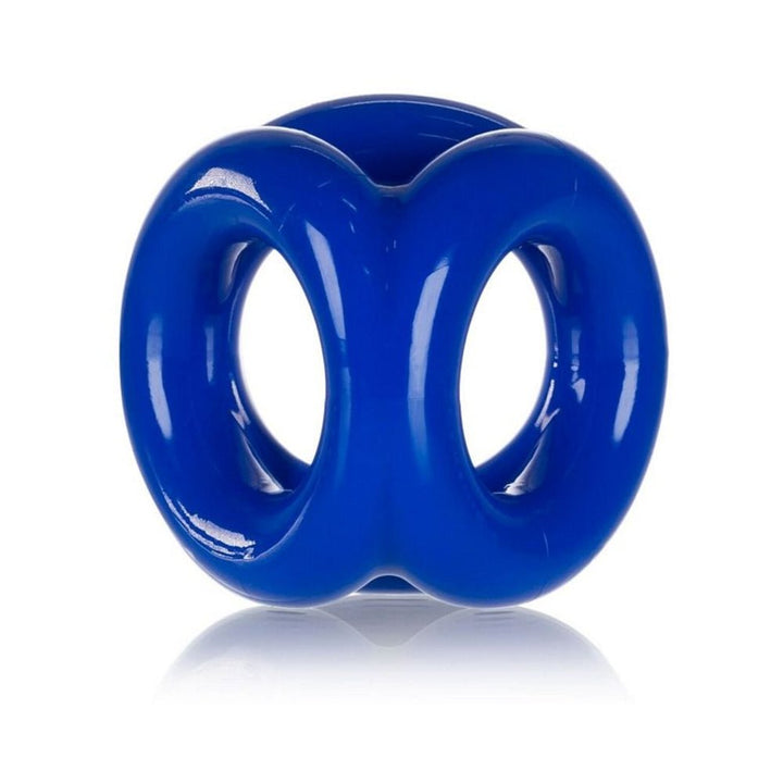 Blue triple-ring flexible silicone cockring designed for comfort and endurance enhancement.