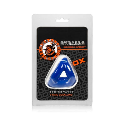 Packaging of Oxballs Tri-sport 3-ring blue flexible cockring set for enhanced endurance and performance.