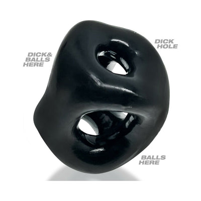 Black glossy three-ring sling with labeled holes for shaft and balls, designed for adjustable fit and comfort.