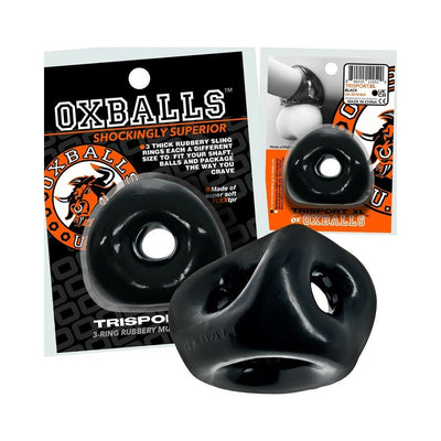 Black Oxballs Tri-sport XL thicker 3-ring rubber sling with packaging showing product details and logo.
