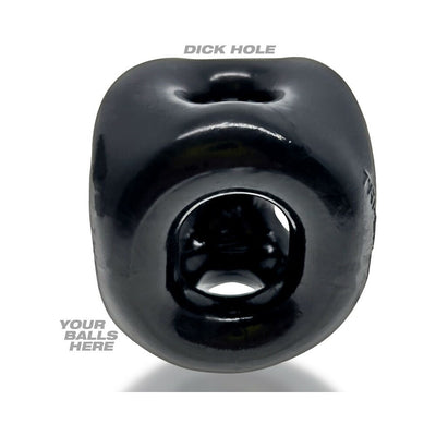 Black rubber three-ring sling with labeled holes for shaft and balls, designed for custom fit and stretch.