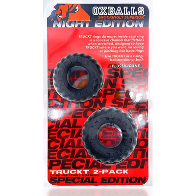 Oxballs Night Edition Truckt 2-pack black silicone cockrings with textured edges in retail packaging.