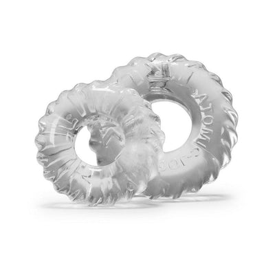 Clear flexible textured cockring and sackring set made from durable Skinflex-TPR material for customizable fit and comfort.