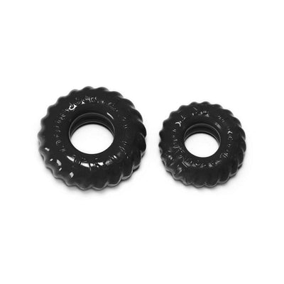 Two black textured flexible rings made from Skinflex-TPR, designed for customizable fit and support.