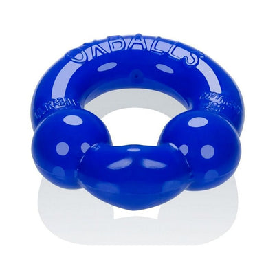 Blue flexible cockring with textured ball details and embossed branding on a white background.