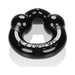 Black flexible Oxballs Ultraballs cockring with raised dots and embossed branding on a white background.