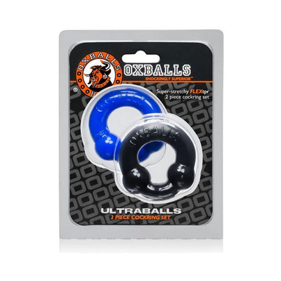 Oxballs Ultraballs 2-pack stretchy Flex-TPR rings in blue and black packaging display.