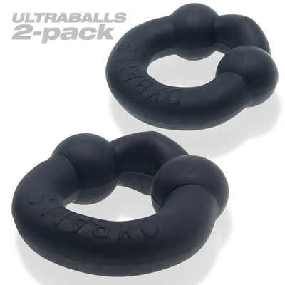 Two black Oxballs Ultraballs cockrings with a matte finish and dual nodules, shown on a white background.
