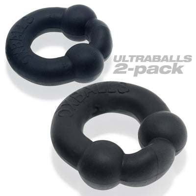 Two black Oxballs Ultraballs cockrings with dual nodules, shown on a white background with product text.