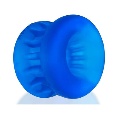 Blue silicone ballstretcher with textured grip and smooth inner tunnel for comfortable stretch and support.