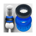 Blue and black silicone Oxballs Ultracore Core ballstretcher with Axis ring shown on model and separately.