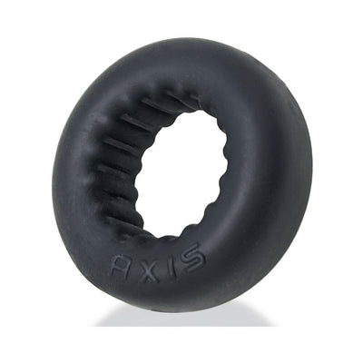 Black soft silicone ring with textured inner ridges and the word AXIS embossed on the surface.