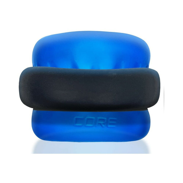 Blue Core ballstretcher with black Axis power ring stacked on top, made of soft silicone material.