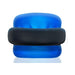 Blue Core ballstretcher with black Axis power ring stacked on top, made of soft silicone material.
