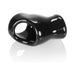 Black glossy flexible cock and ball ring with dual openings, designed for comfort and enhanced fit.