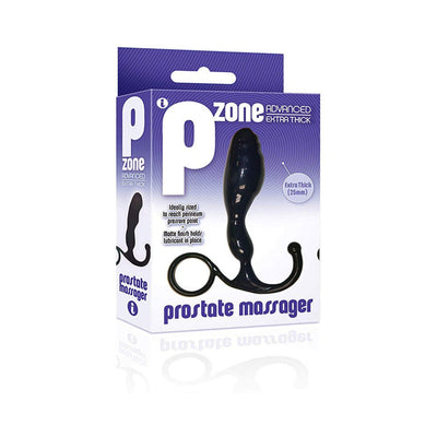 Black P-Zone Advanced Thick Prostate Massager with ergonomic handle shown in purple and white packaging box.
