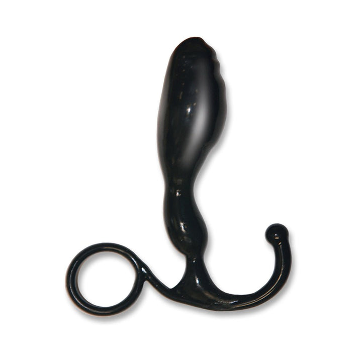 Black ergonomic prostate massager with curved handle and ring grip, designed for targeted perineum stimulation.