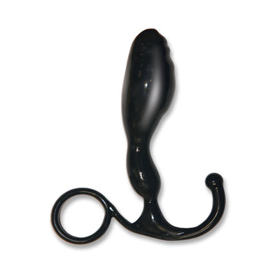Black ergonomic prostate massager with curved handle and ring grip, designed for targeted perineum stimulation.