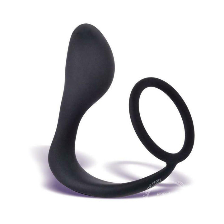 Black silicone P-Zone prostate massager and cock ring with ergonomic curved design for targeted stimulation.