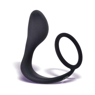 Black silicone P-Zone prostate massager and cock ring with ergonomic curved design for targeted stimulation.