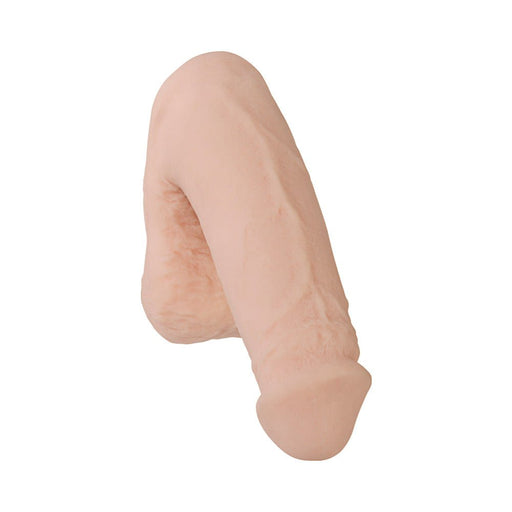 Realistic flesh-toned silicone packer with veined texture and plush balls for comfortable all-day wear.
