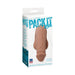 Pack It Lite realistic dildo packer in natural skin tone displayed on white product packaging with blue text.