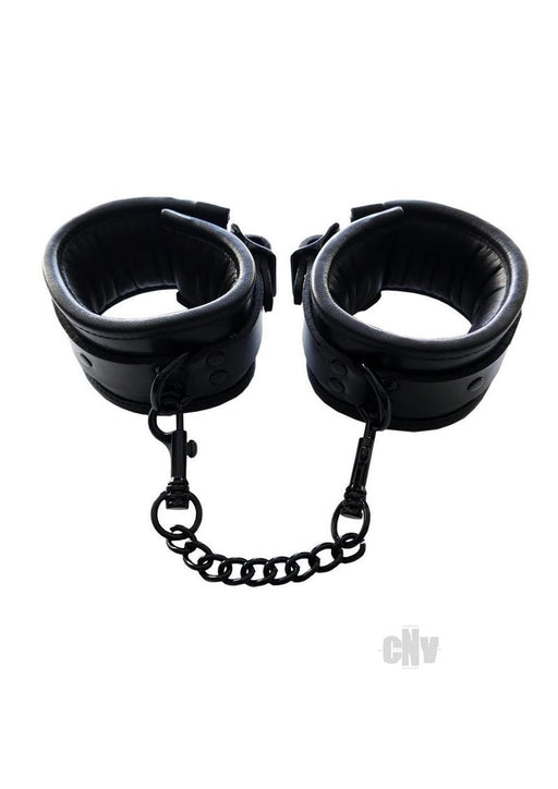 Black padded leather wrist cuffs with soft lining and detachable chain connectors, featuring lockable buckle closures.